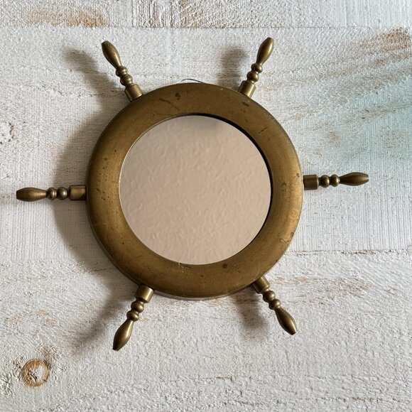 Vintage Small Brass Ship Wheel Wall Mirror - Picture 1 of 12